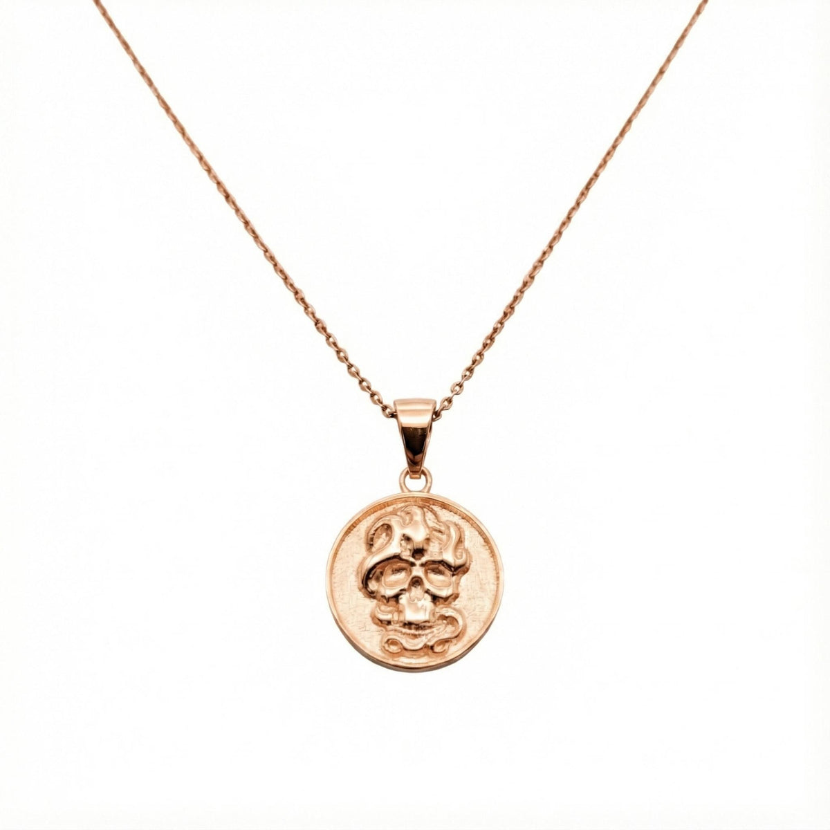 Memento Mori Necklace | Skull & Snake Talisman, in Rose Gold Plated finish