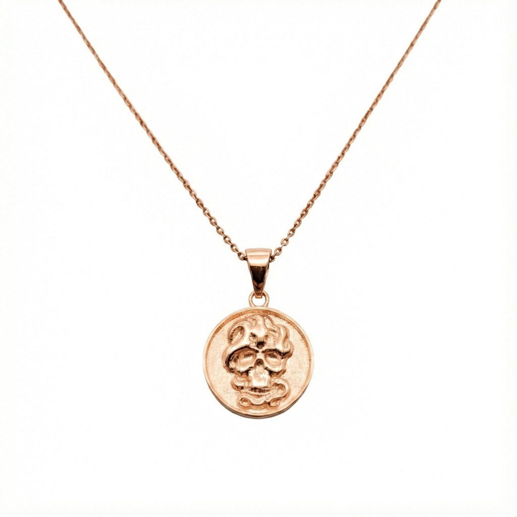 Memento Mori Skull necklace detail, sterling silver skull and snake close up