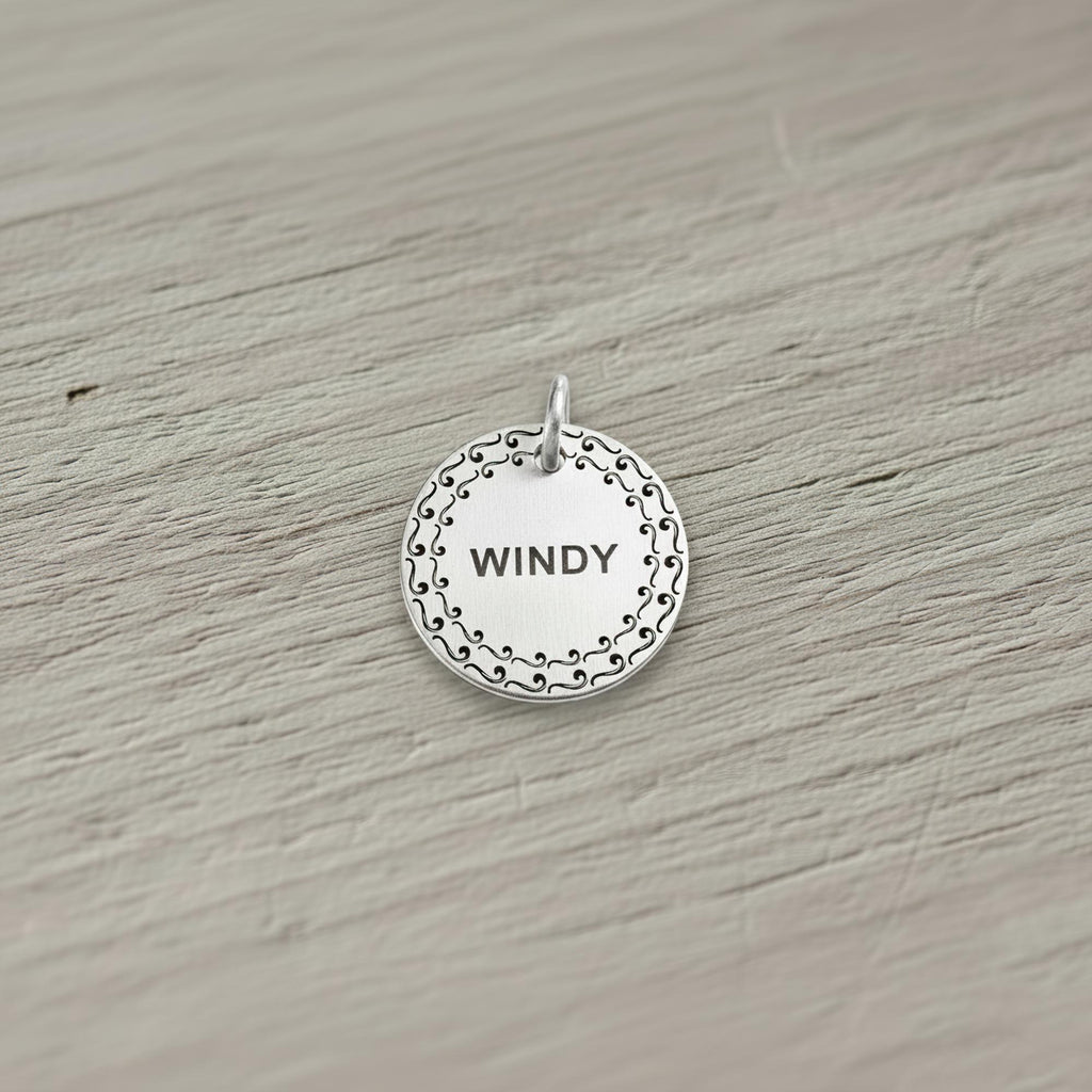 Personalized Silver Swirl Dog Tag | Engraved Swirl Pet ID Charm Sterling Silver | Custom Dog Collar Tag, front view