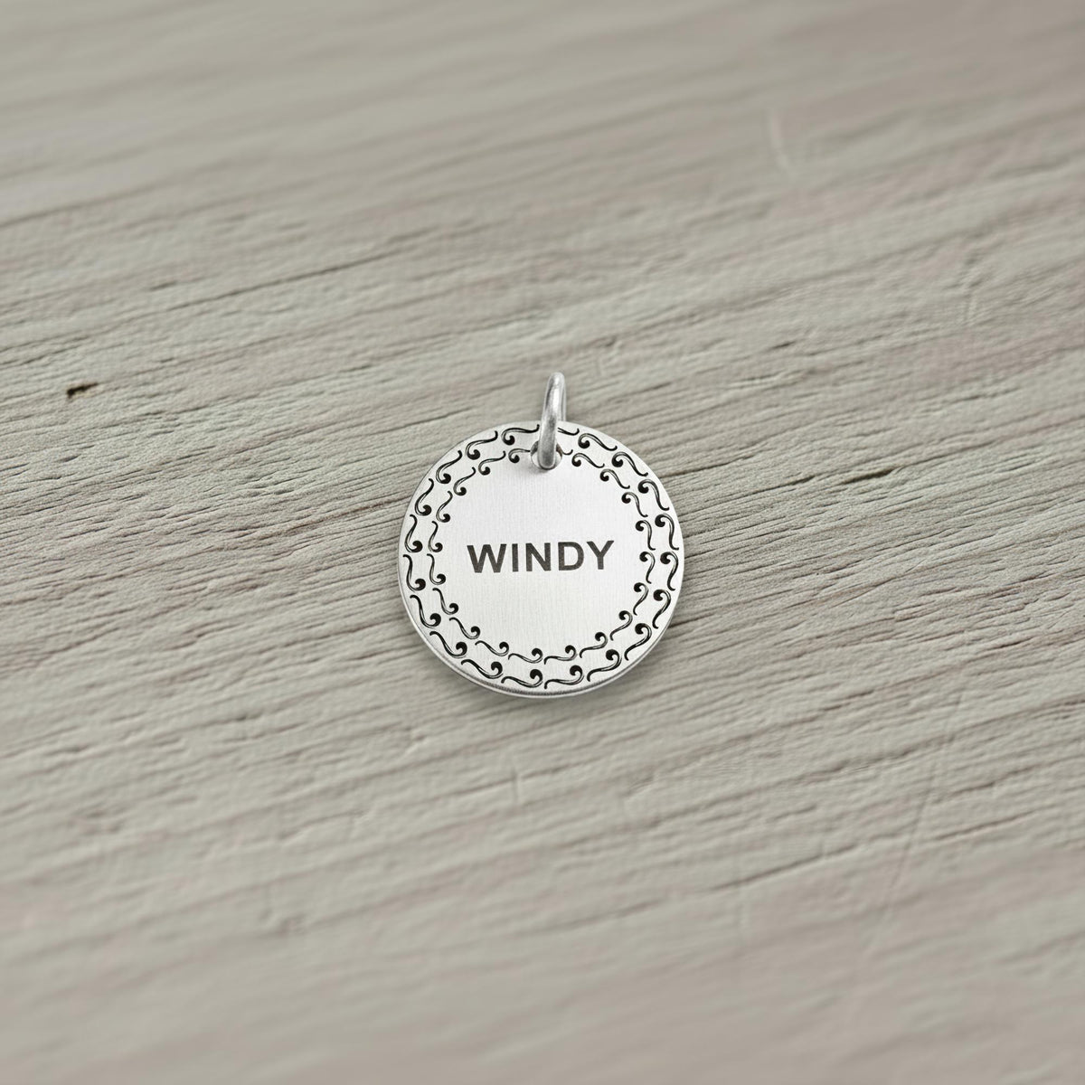 Personalized Silver Swirl Dog Tag | Engraved Swirl Pet ID Charm Sterling Silver | Custom Dog Collar Tag, front view