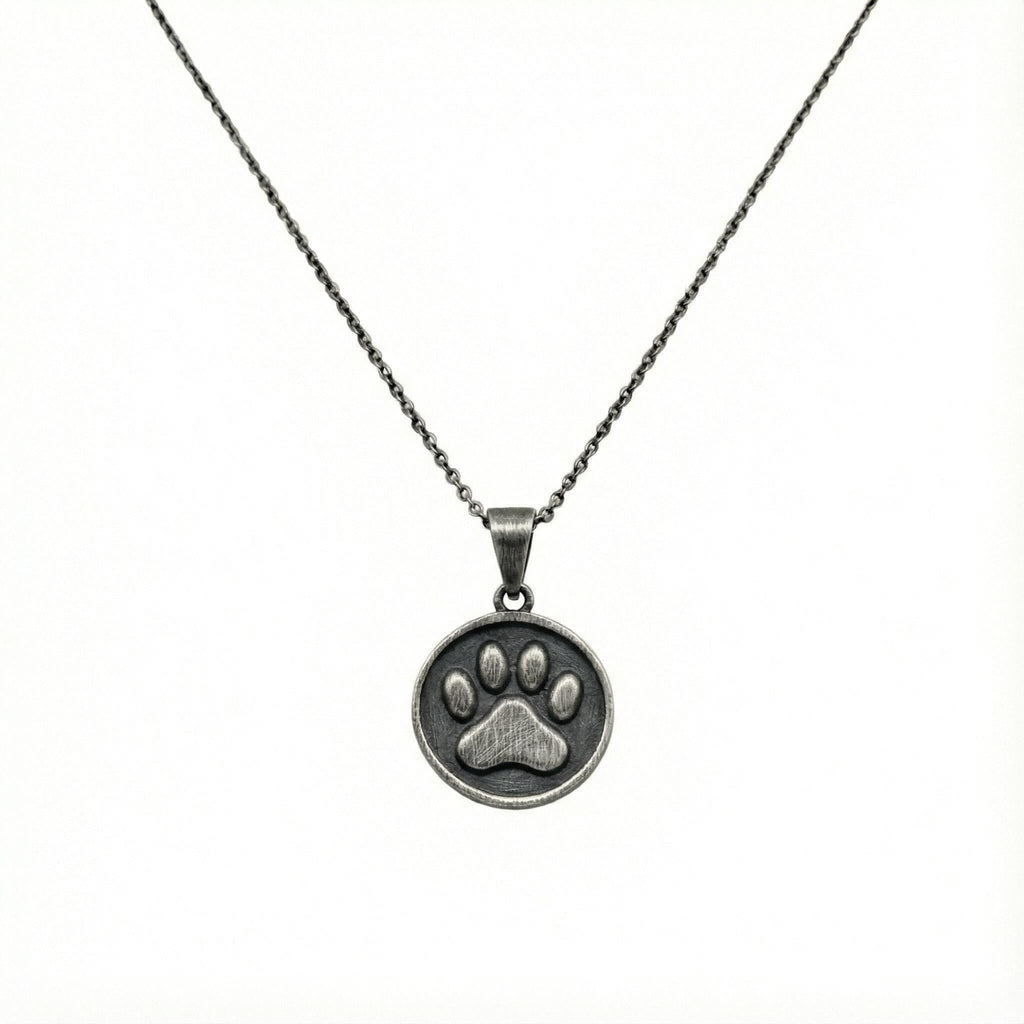 Paw Print Necklace side view, pendant and chain detail