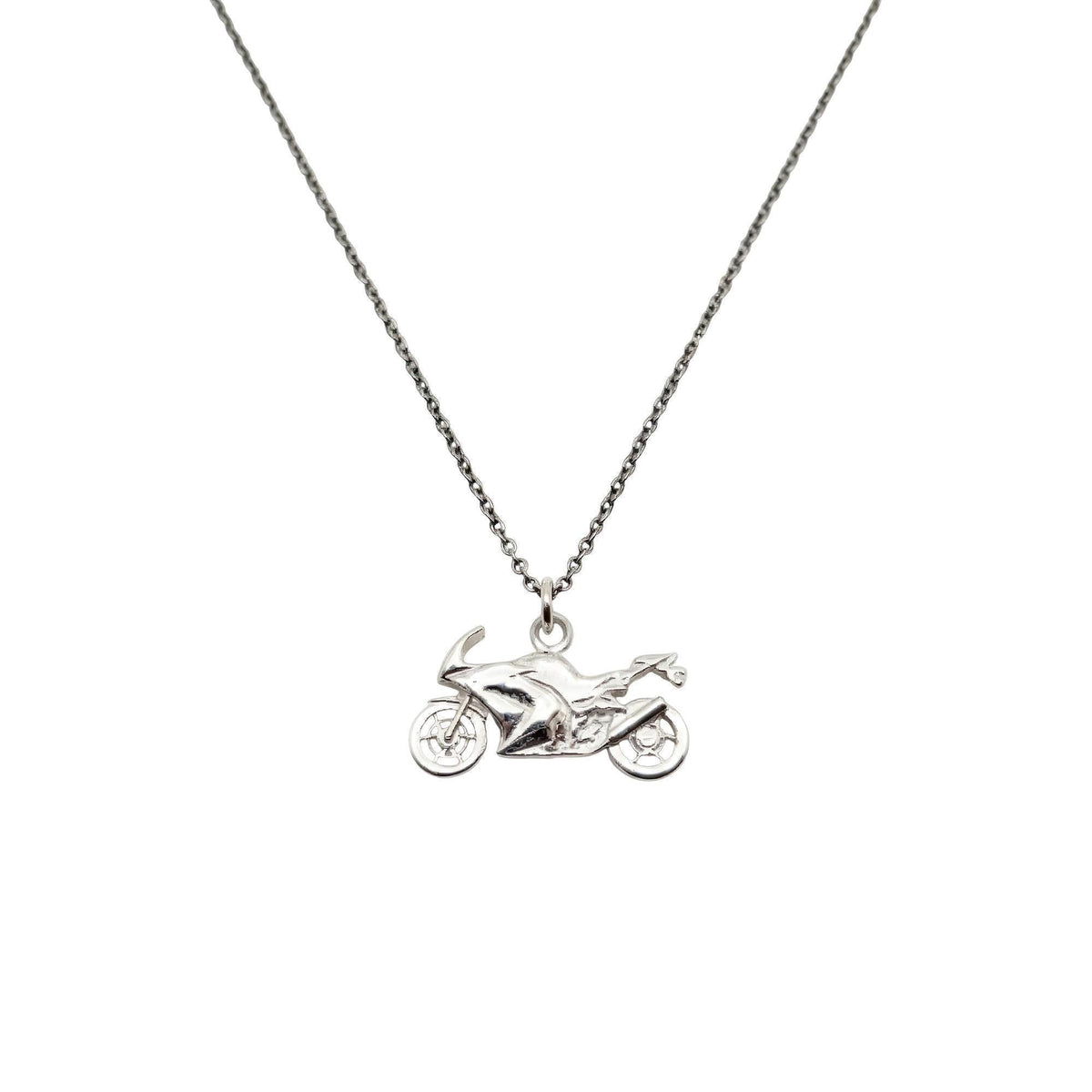 Motorcycle Pendant Necklace | Sterling Silver Sportbike Charm | Superbike Biker Jewelry, in White Gold Plated finish