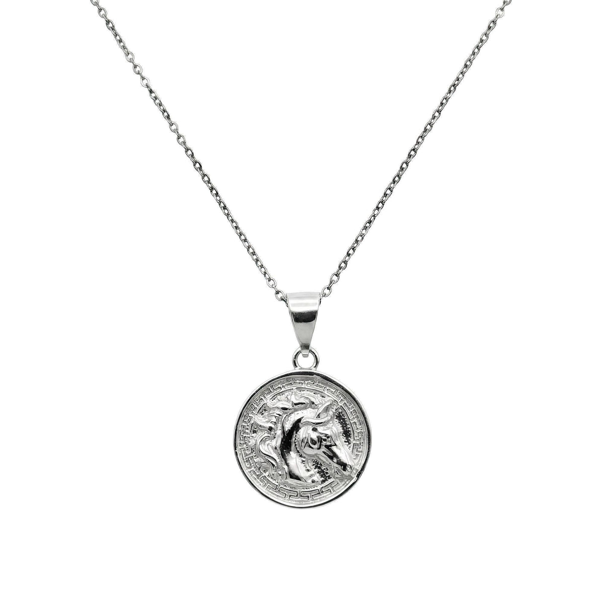 Horse Medallion Necklace | Sterling Silver Equestrian Pendant with Greek Key Border | Custom Engraved, in White Gold Plated finish