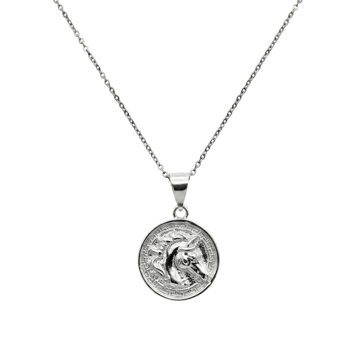 Horse Medallion Necklace in sterling silver, extended range pendant on chain