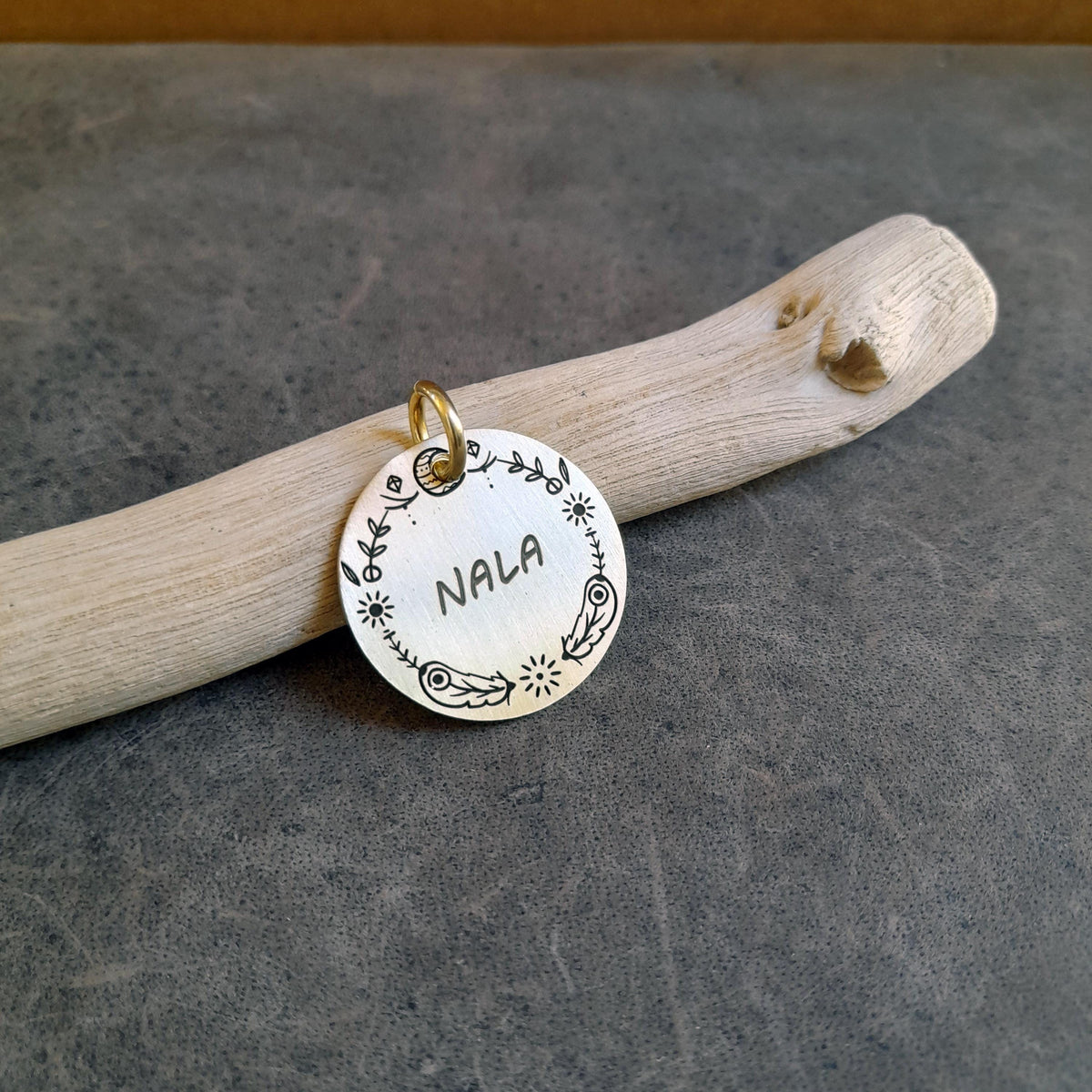 The Boho Bloom Token | Artisan Doodle Flower Pet ID & Custom Engraved Dog Tag, close-up detail