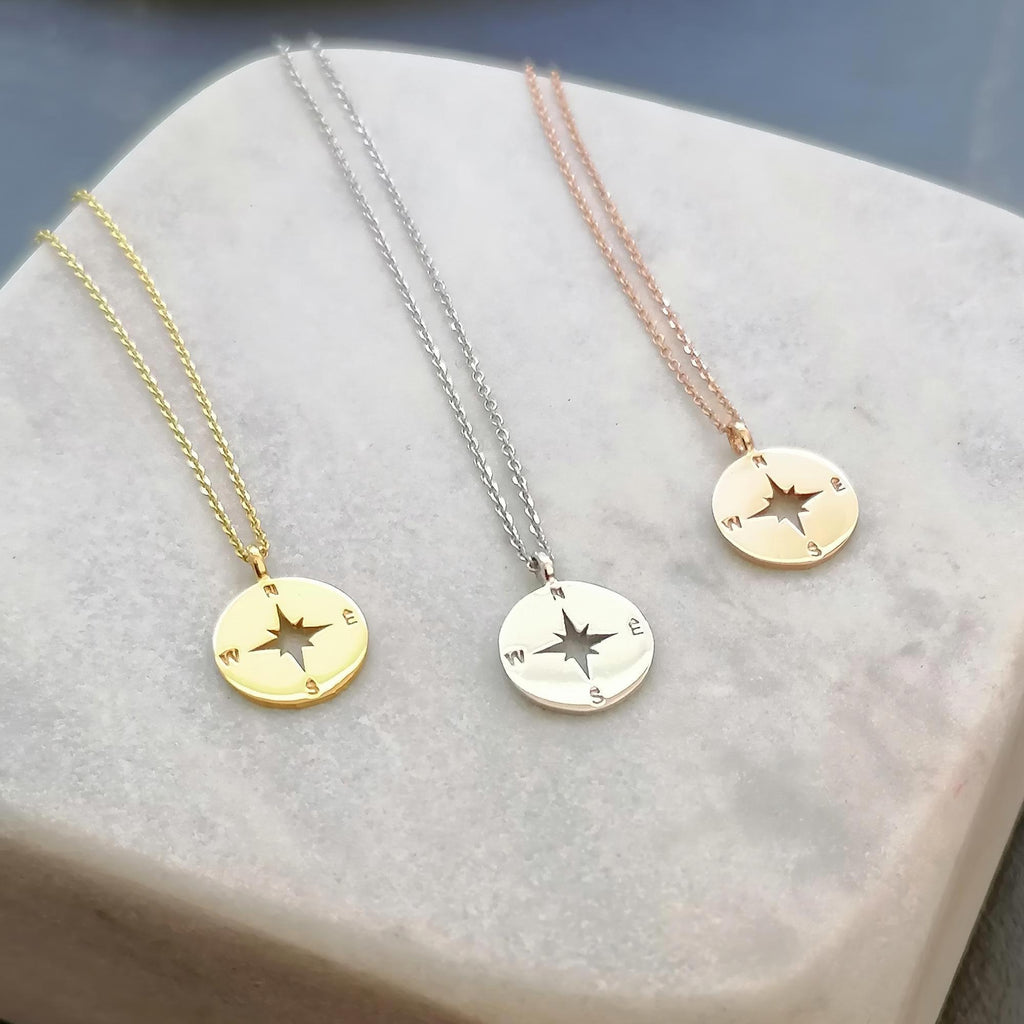 Sterling Silver Compass Necklace | True North Travel Talisman | Minimalist Charm, alternate angle