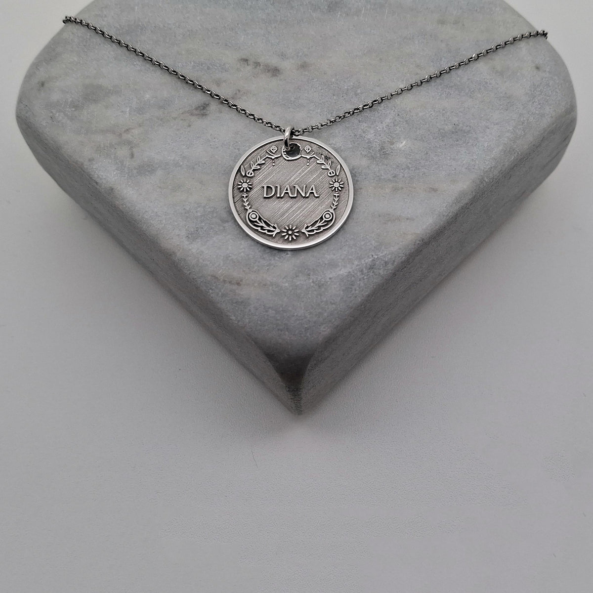 Vintage Style Name Necklace | Floral Crest Medallion, close-up detail