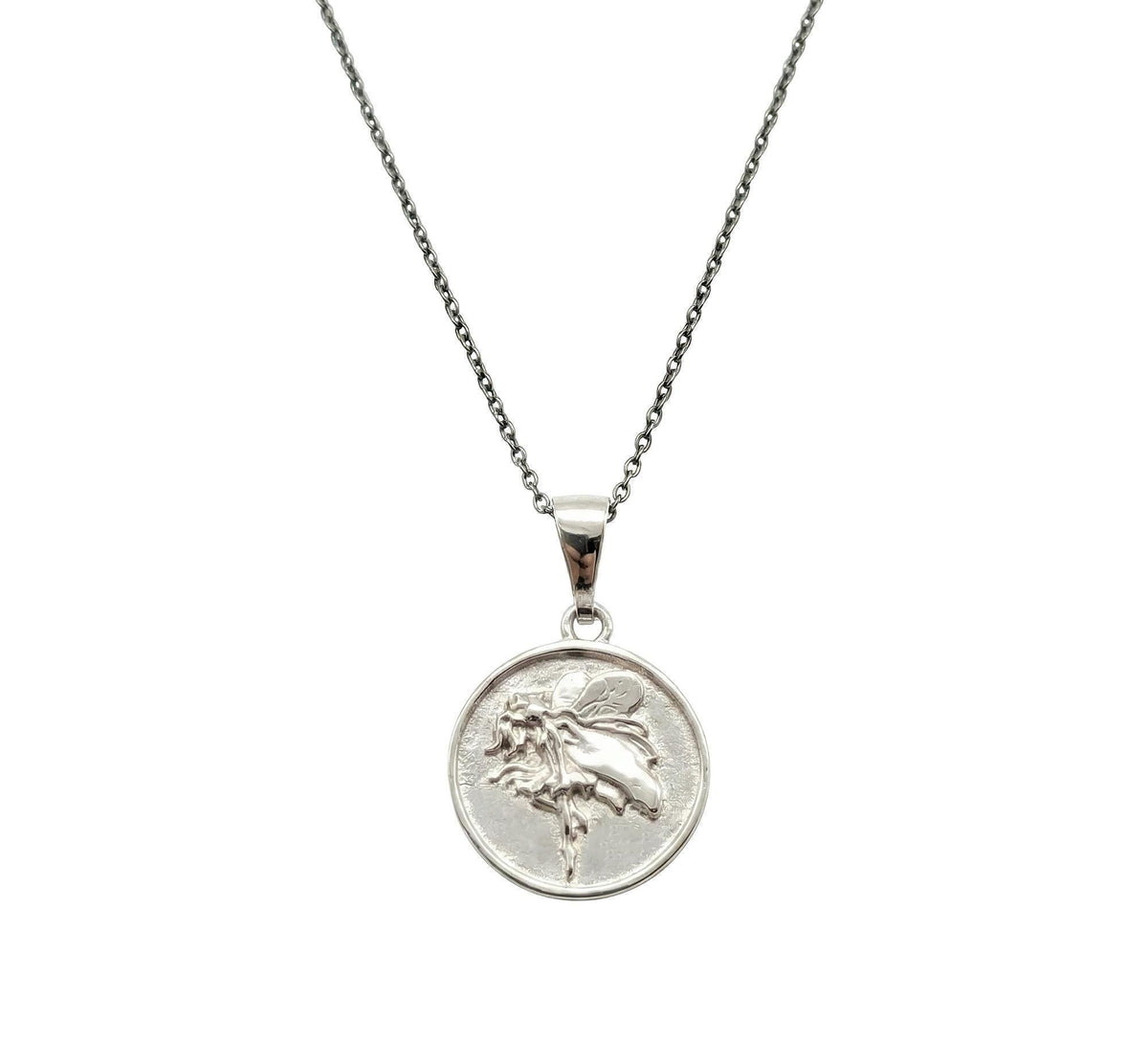 Fairy Medallion Necklace | Whimsical Enchantment Talisman, in White Gold Plated finish