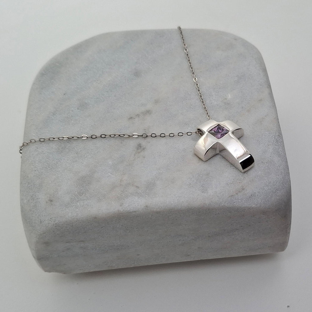 Amethyst Cross Necklace | Sterling Silver Modern Cross Pendant | February Birthstone Talisman, additional detail