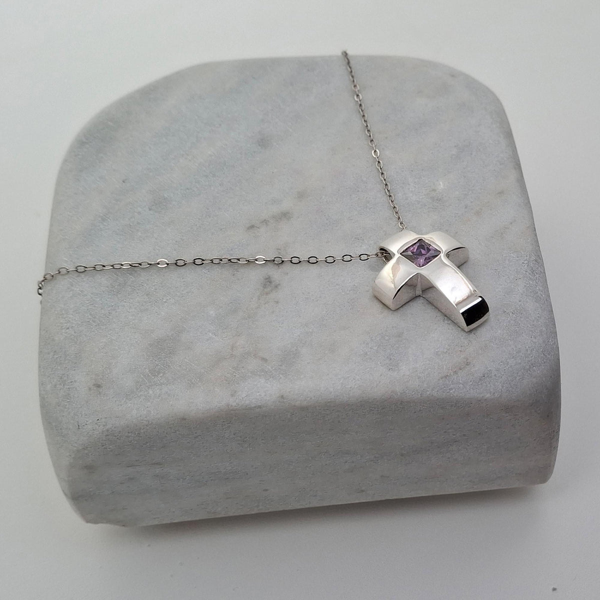 Amethyst Cross Necklace | Sterling Silver Modern Cross Pendant | February Birthstone Talisman, additional detail