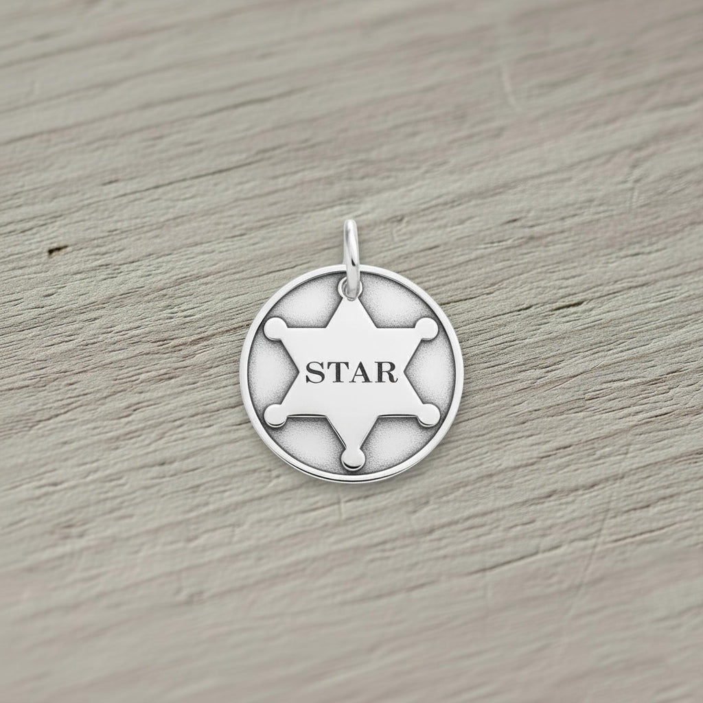Sheriff Dog Tag | Sterling Silver Custom Star Badge Pet ID Tag | Western Engraved Dog Tag, styled view