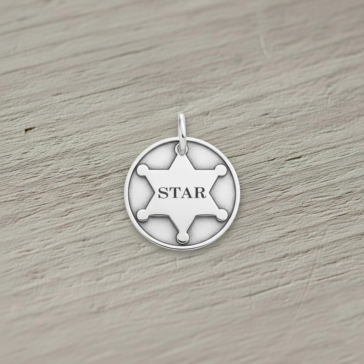 Sheriff Dog Tag | Sterling Silver Custom Star Badge Pet ID Tag | Western Engraved Dog Tag, styled view