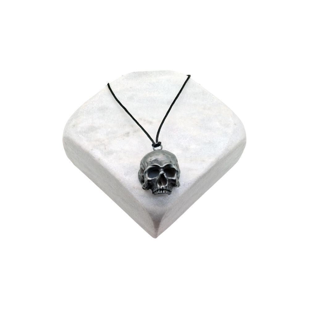 Brass Skull Necklace | 3D Gothic Memento Mori Pendant | Black Jade Cord Talisman, in Black Oxidized finish