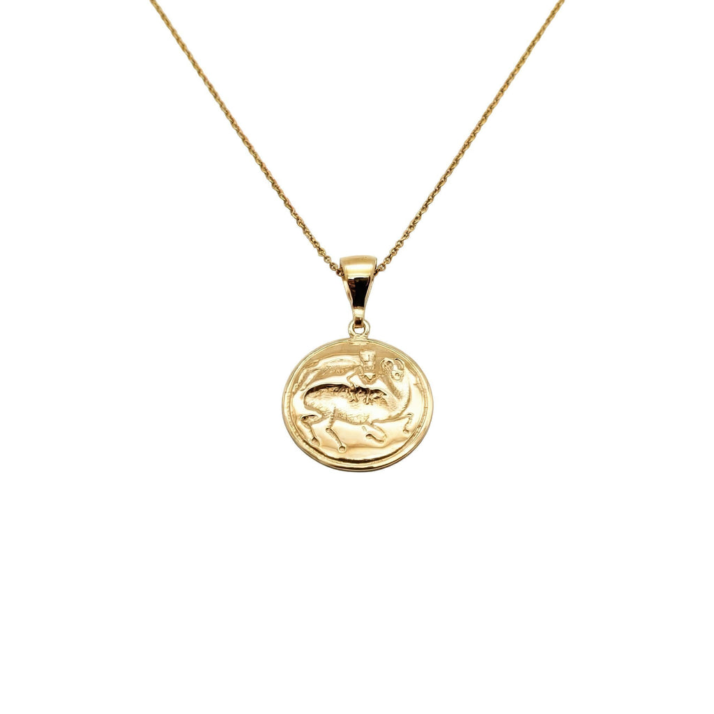 Bull Leaping Necklace: Minoan Coin Pendant Gold Plated Silver, close-up detail
