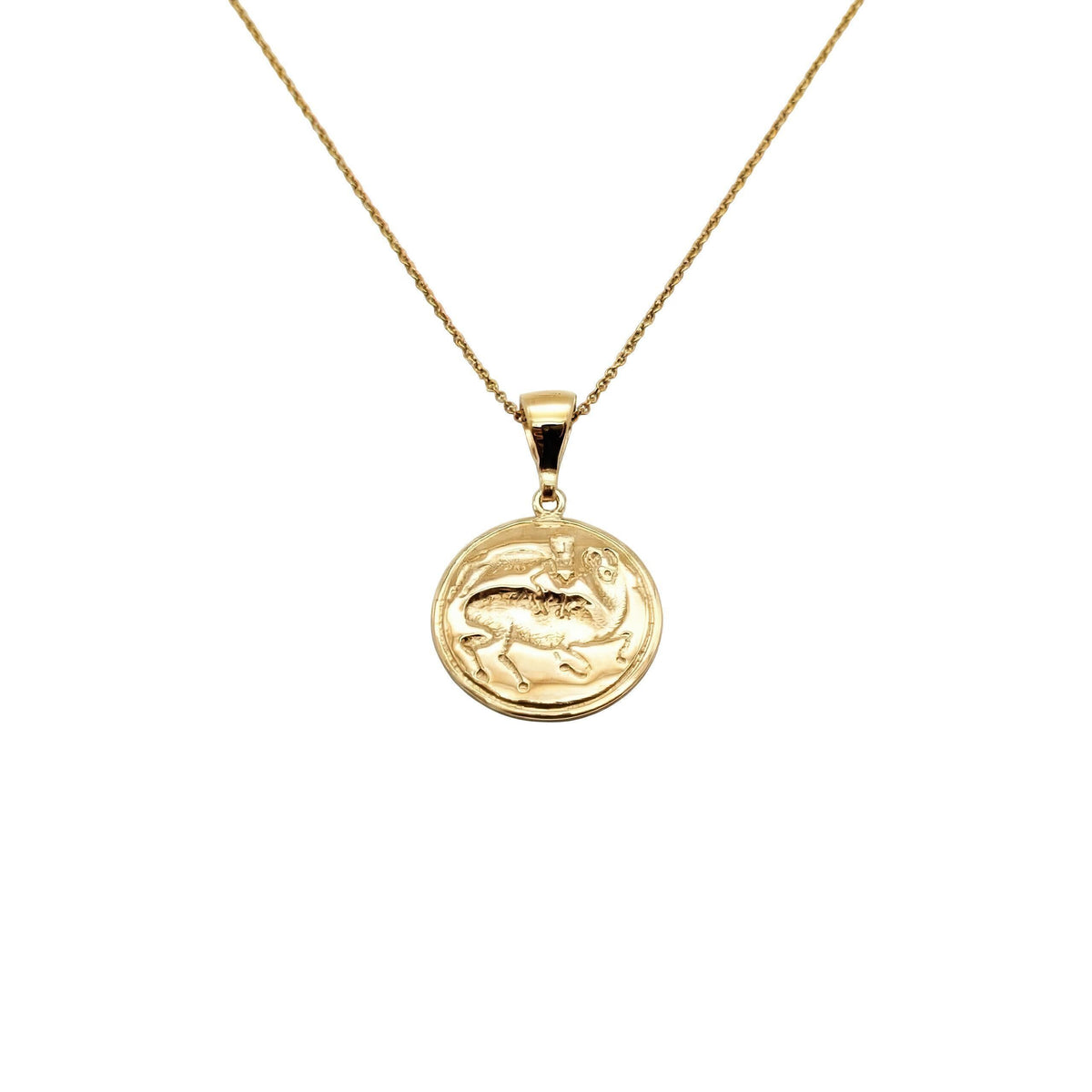 Bull Leaping Necklace: Minoan Coin Pendant Gold Plated Silver, close-up detail