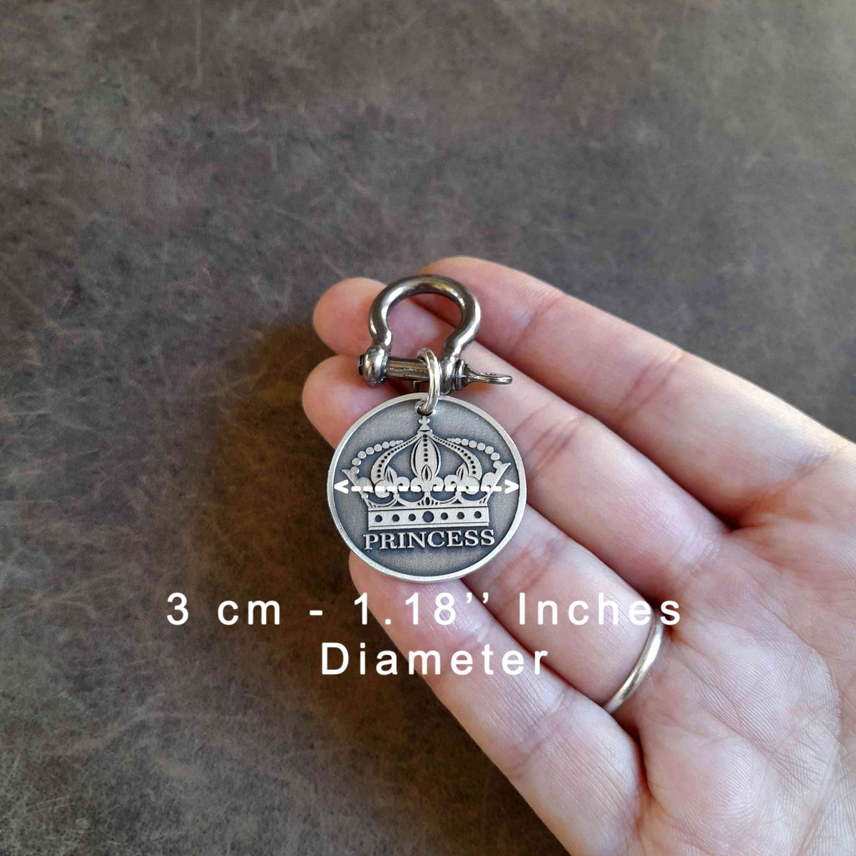 Trident Dog Tag, Pet ID in durable brass with engraved crown and 'Princess' text, shown in hand for size reference at 3 cm diameter.
