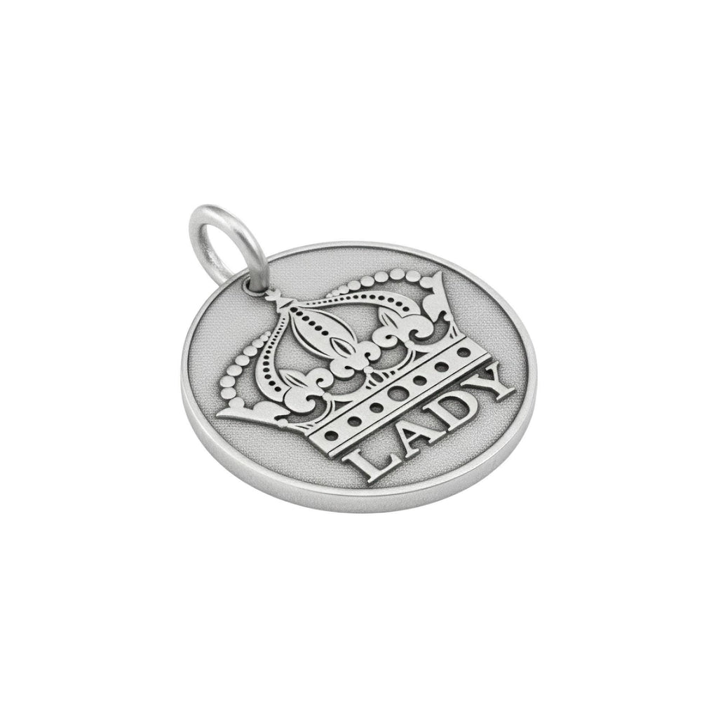 Princess Dog Tag | Sterling Silver Custom Crown Pet Tag | Engraved Regal Pet ID Tag, close-up detail