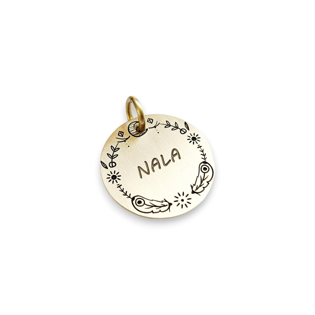 The Boho Bloom Token | Artisan Doodle Flower Pet ID & Custom Engraved Dog Tag, front view