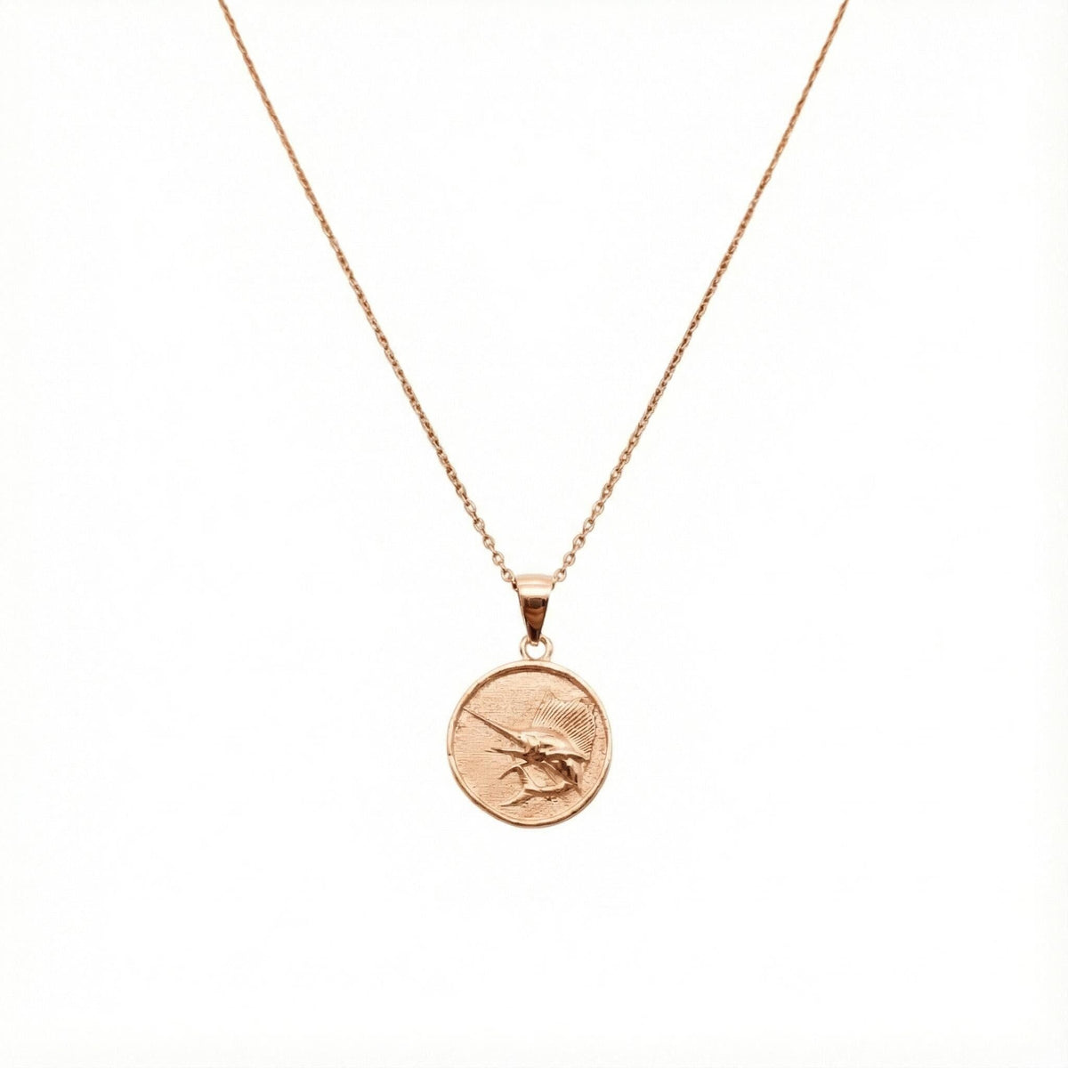 Sailfish Charm Necklace | Sterling Silver Ocean Medallion | Coastal Marlin Swordfish Pendant | Custom Engraved, in Rose Gold Plated finish