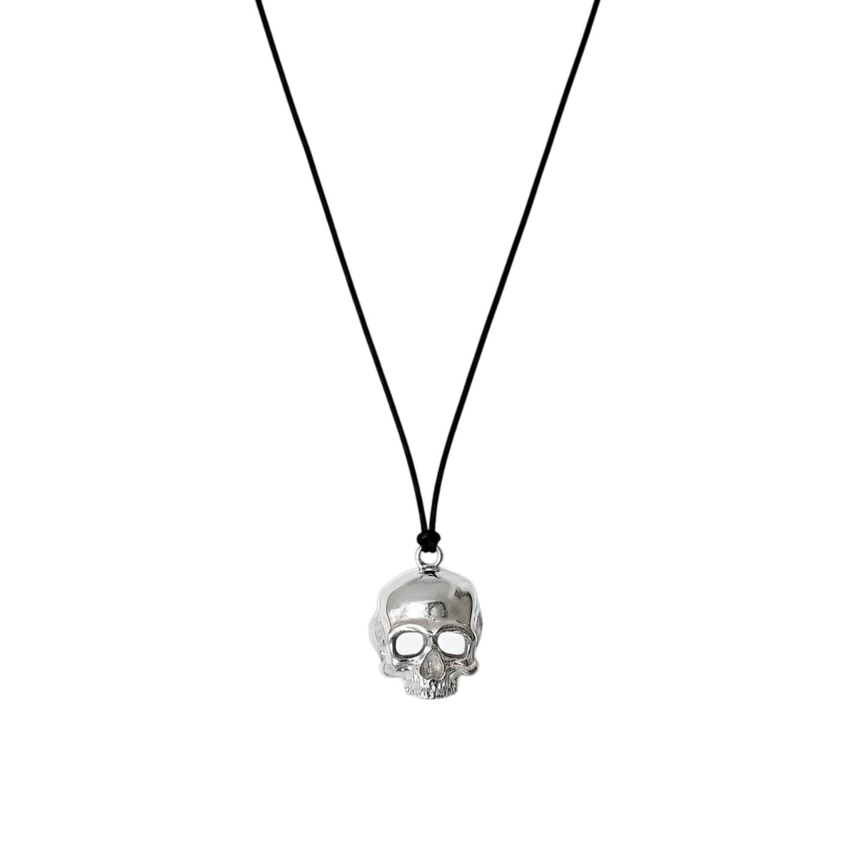Brass Skull Necklace | 3D Gothic Memento Mori Pendant | Black Jade Cord Talisman, in White Gold Plated finish