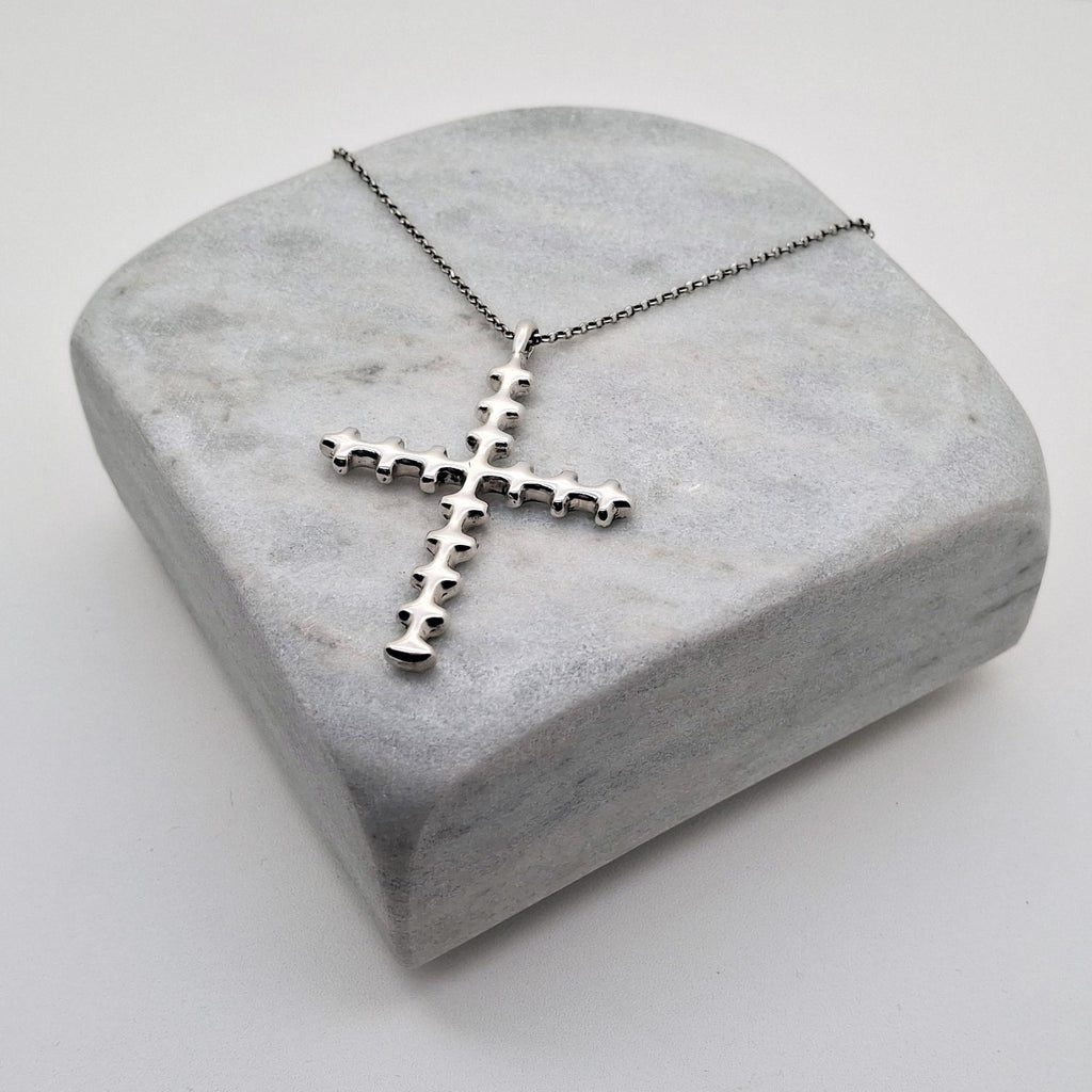 Bone Cross Necklace | Sterling Silver Gothic Spinal Pendant | Anatomical Memento Mori Jewelry, front view