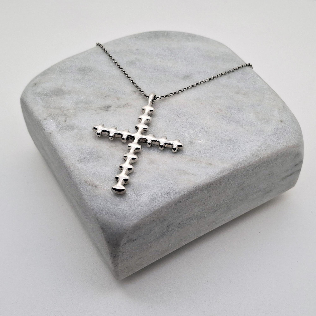 Bone Cross Necklace | Sterling Silver Gothic Spinal Pendant | Anatomical Memento Mori Jewelry, front view