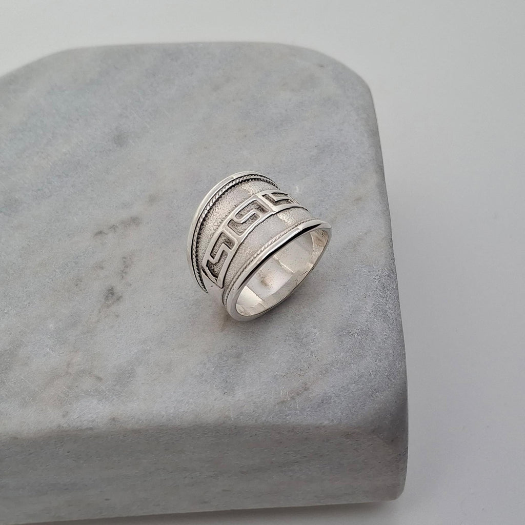 Greek Key Ring | Bold Wide Sterling Silver Greca Band | Unisex Meander Talisman, front view