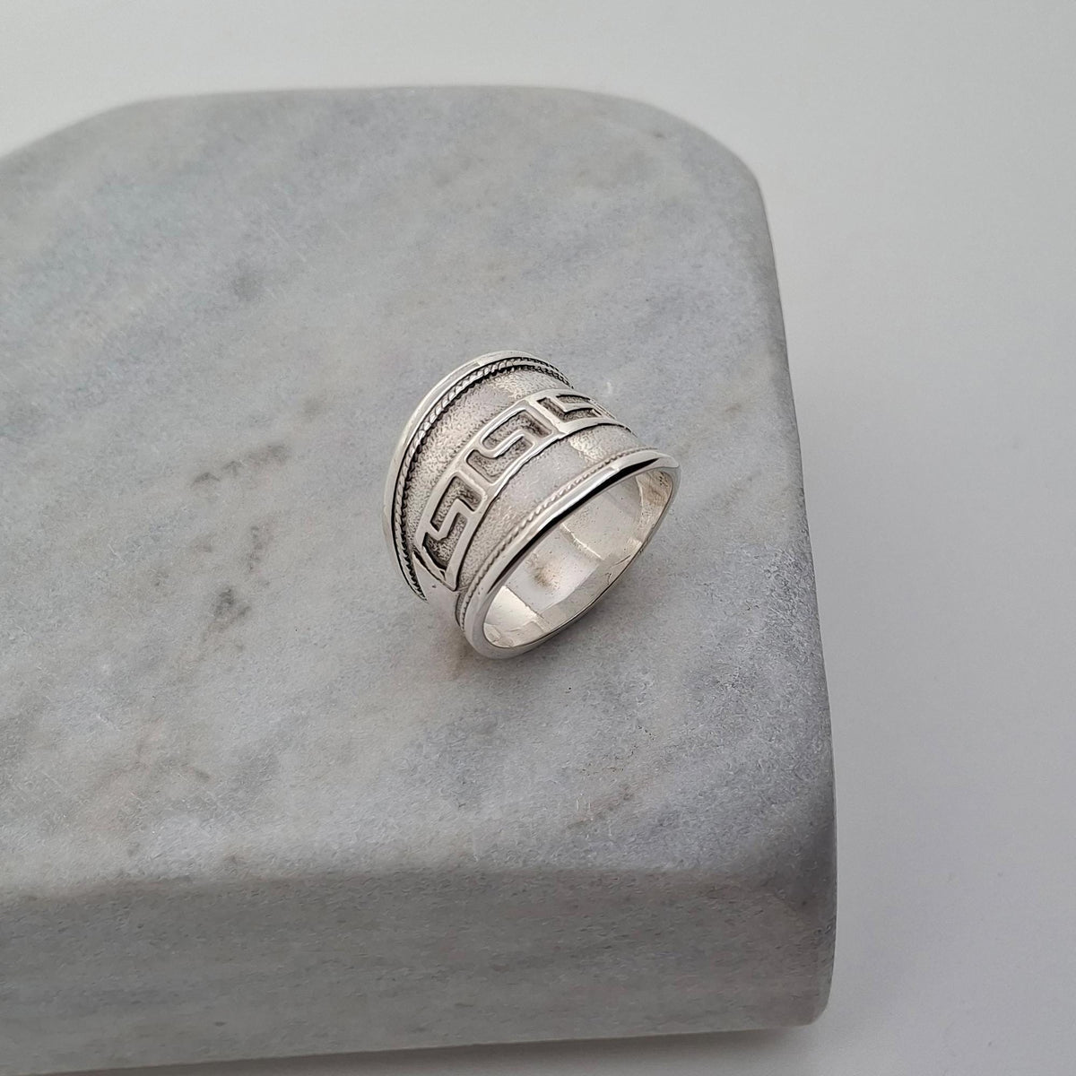 Greek Key Ring | Bold Wide Sterling Silver Greca Band | Unisex Meander Talisman, front view
