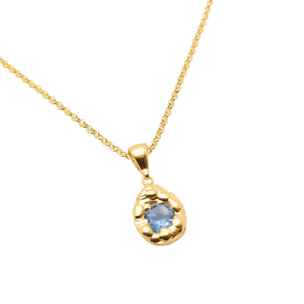 Free-Form Droplet Necklace | Light Blue CZ Talisman, in Yellow Gold Plated finish