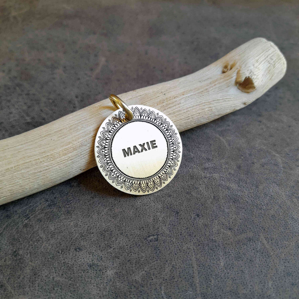 The Daisy Mandala Token | Artisan Boho Pet ID & Custom Engraved Dog Tag, close-up detail