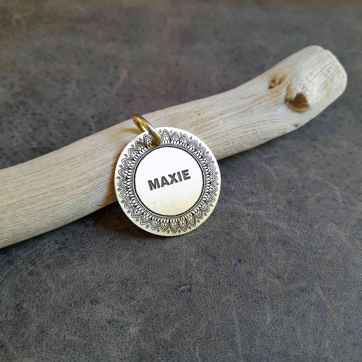 The Daisy Mandala Token | Artisan Boho Pet ID & Custom Engraved Dog Tag, close-up detail