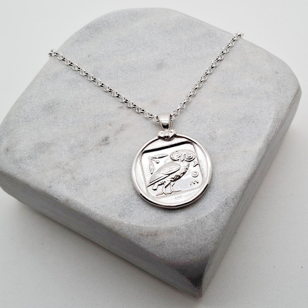 Athenian Owl Tetradrachm Necklace | Ancient Greek Wisdom Coin, styled view