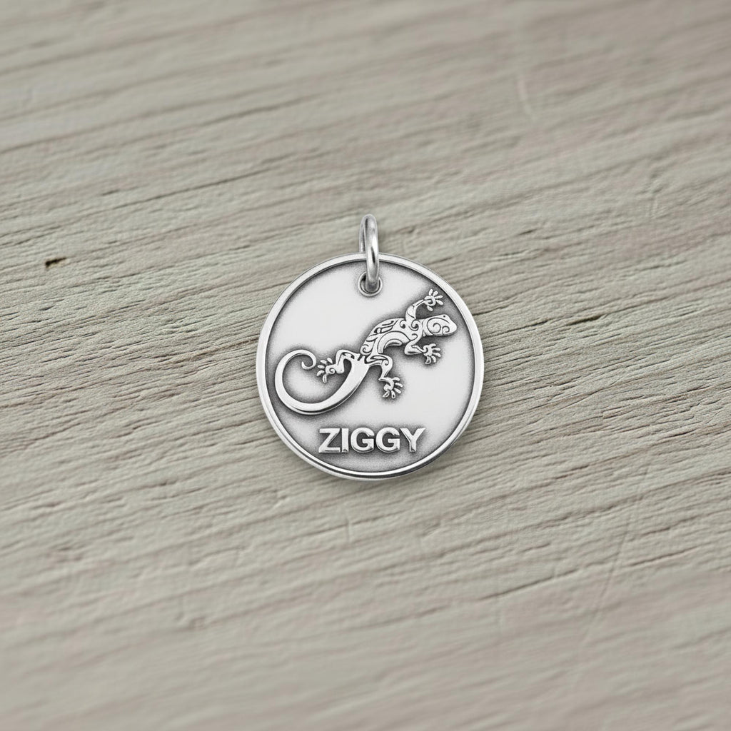 Gecko Dog Tag | Personalized Sterling Silver Dog ID Tag | Engraved Pet Name Tag, styled view