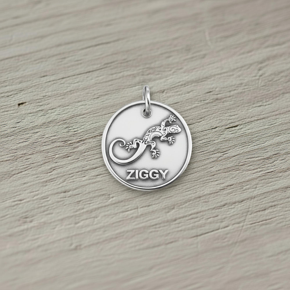 Gecko Dog Tag | Personalized Sterling Silver Dog ID Tag | Engraved Pet Name Tag, styled view