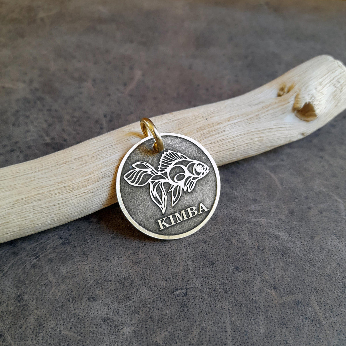 The Serene Koi Token | Artisan Symbol Pet ID & Custom Engraved Dog Tag, close-up detail