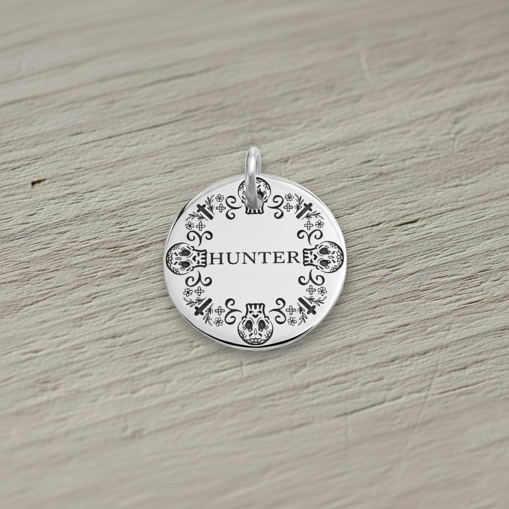 Sugar Skull Dog Tag | Custom Engraved Pet ID Collar Charm, alternate angle