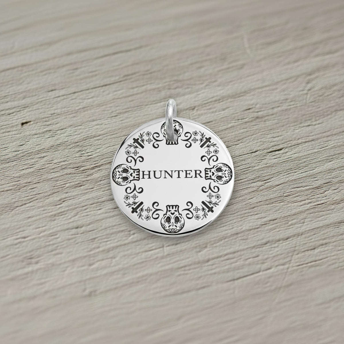 Sugar Skull Dog Tag | Custom Engraved Pet ID Collar Charm, alternate angle