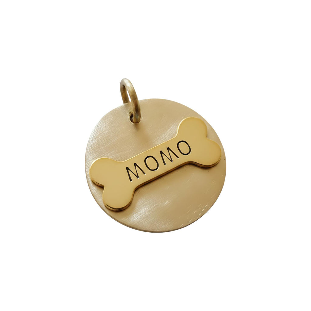 The Devotional Bone Token | Artisan Circular Pet ID & Custom Raised Motif Dog Tag, in Brass with Brass Top finish
