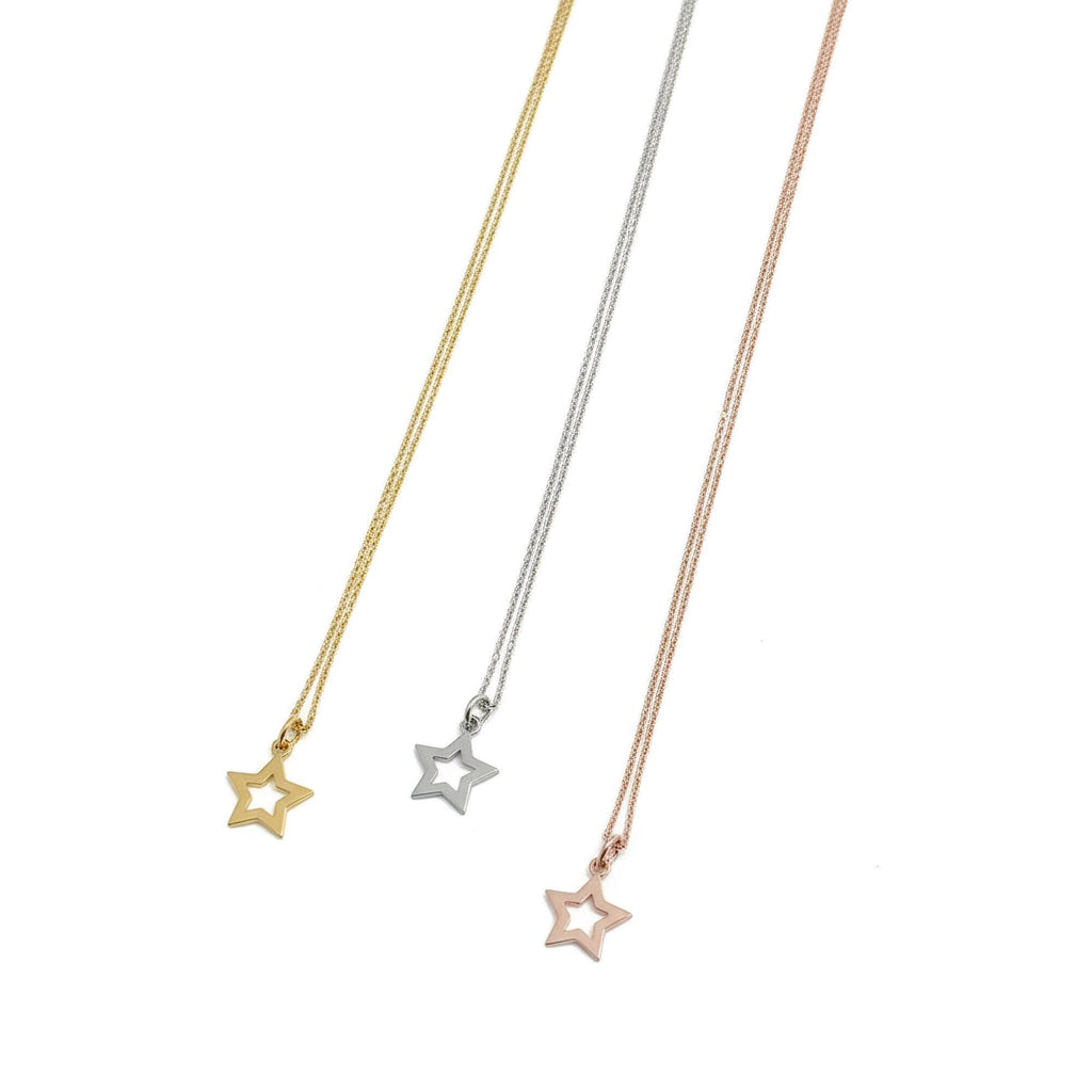 Sterling Silver Star Necklace | Delicate Hollow Celestial Pendant | Dainty Good Luck Charm, front view