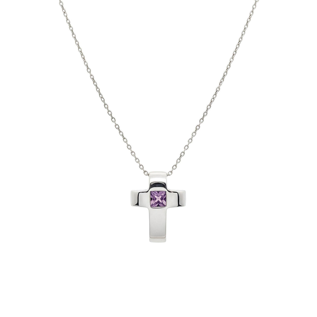 Amethyst Cross Necklace | Sterling Silver Modern Cross Pendant | February Birthstone Talisman, front view