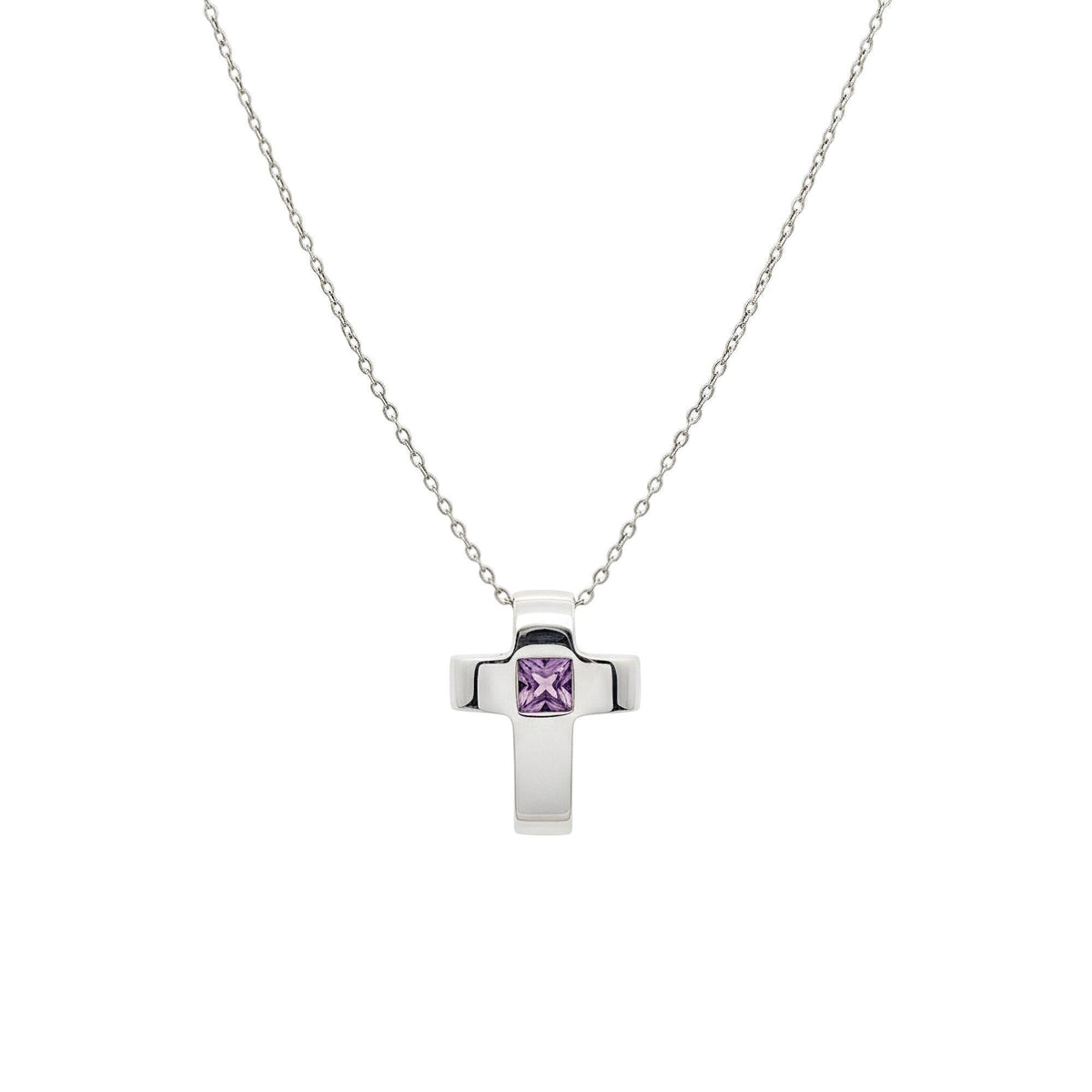 Amethyst Cross Necklace | Sterling Silver Modern Cross Pendant | February Birthstone Talisman, front view