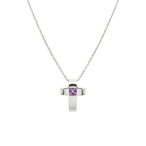 Amethyst Cross Necklace | Sterling Silver Modern Cross Pendant | February Birthstone Talisman, front view
