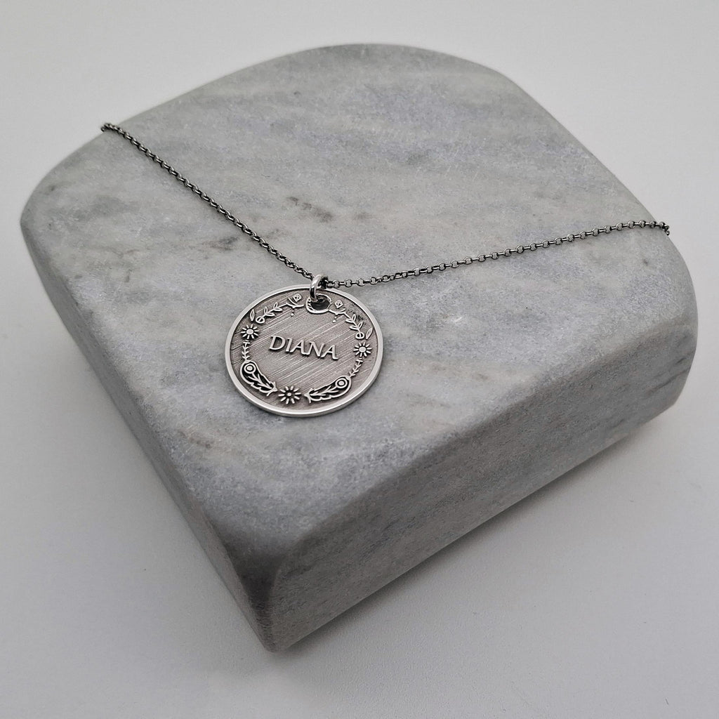 Vintage Style Name Necklace | Floral Crest Medallion, additional detail