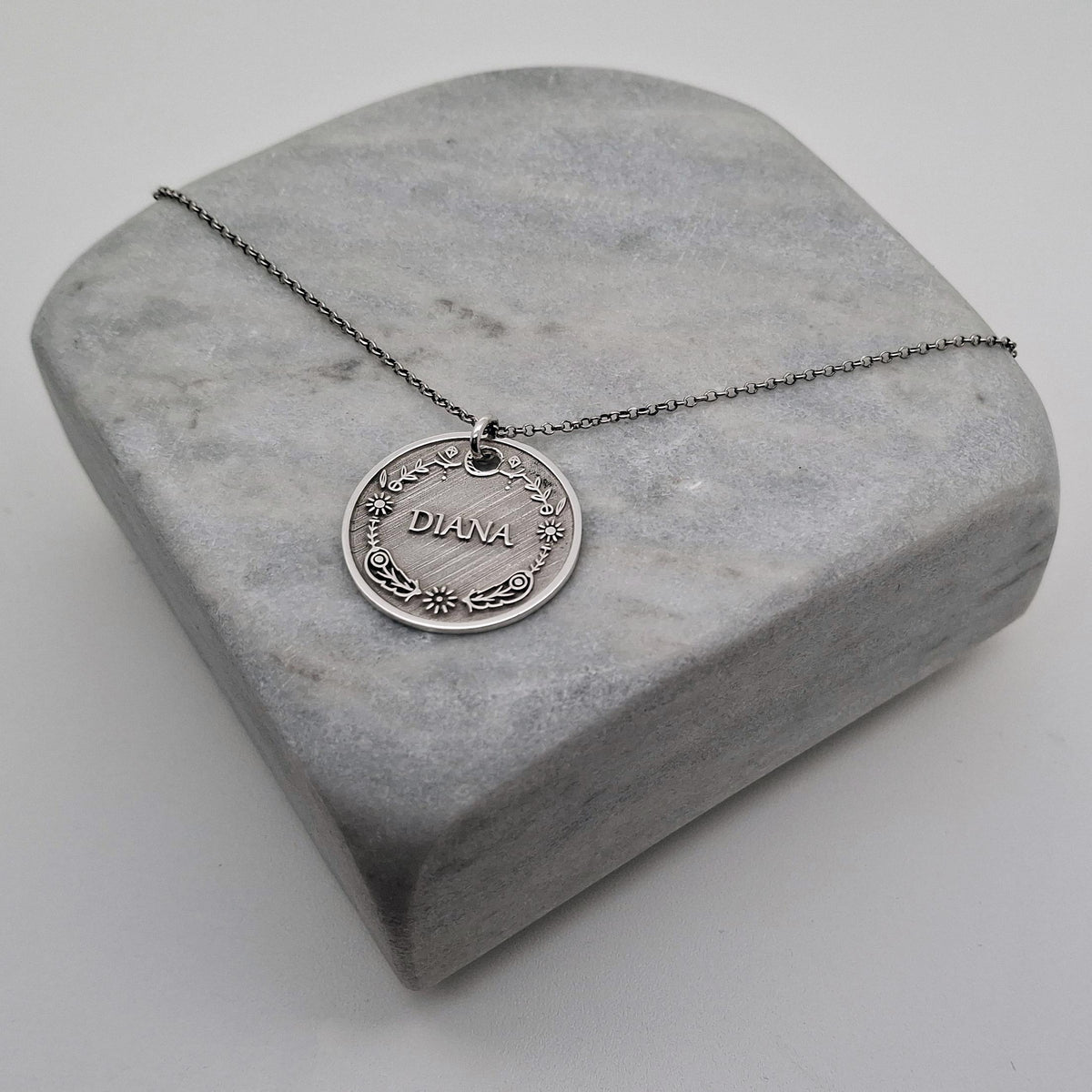 Vintage Style Name Necklace | Floral Crest Medallion, additional detail