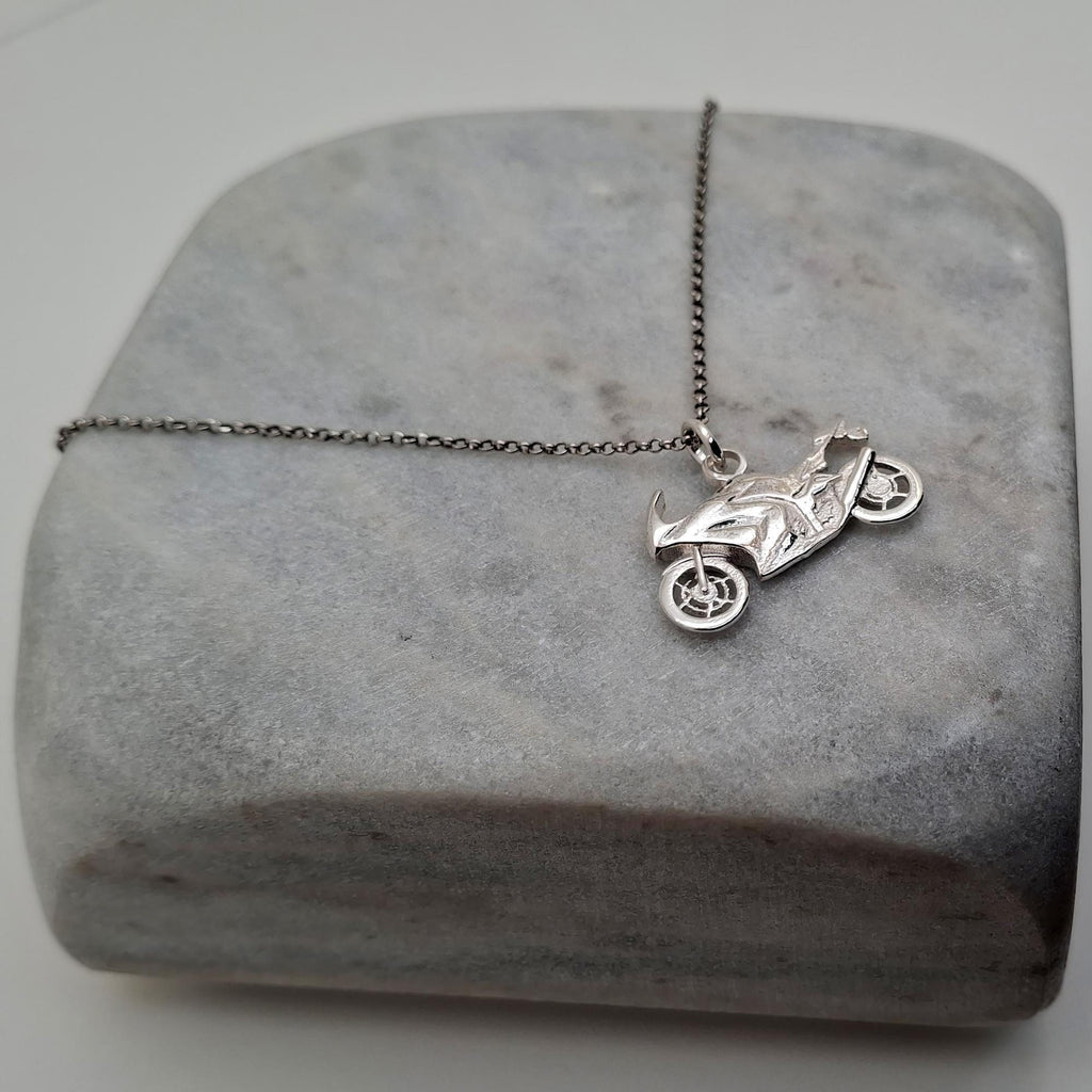 Motorcycle Pendant Necklace | Sterling Silver Sportbike Charm | Superbike Biker Jewelry, close-up detail