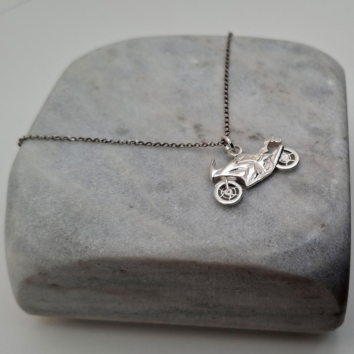 Motorcycle Pendant Necklace | Sterling Silver Sportbike Charm | Superbike Biker Jewelry, close-up detail