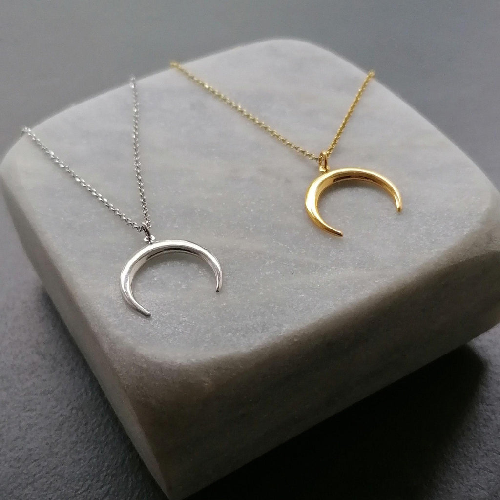 Double Horn Necklace | 14K Solid Gold Crescent Moon Pendant | Protection Charm, front view