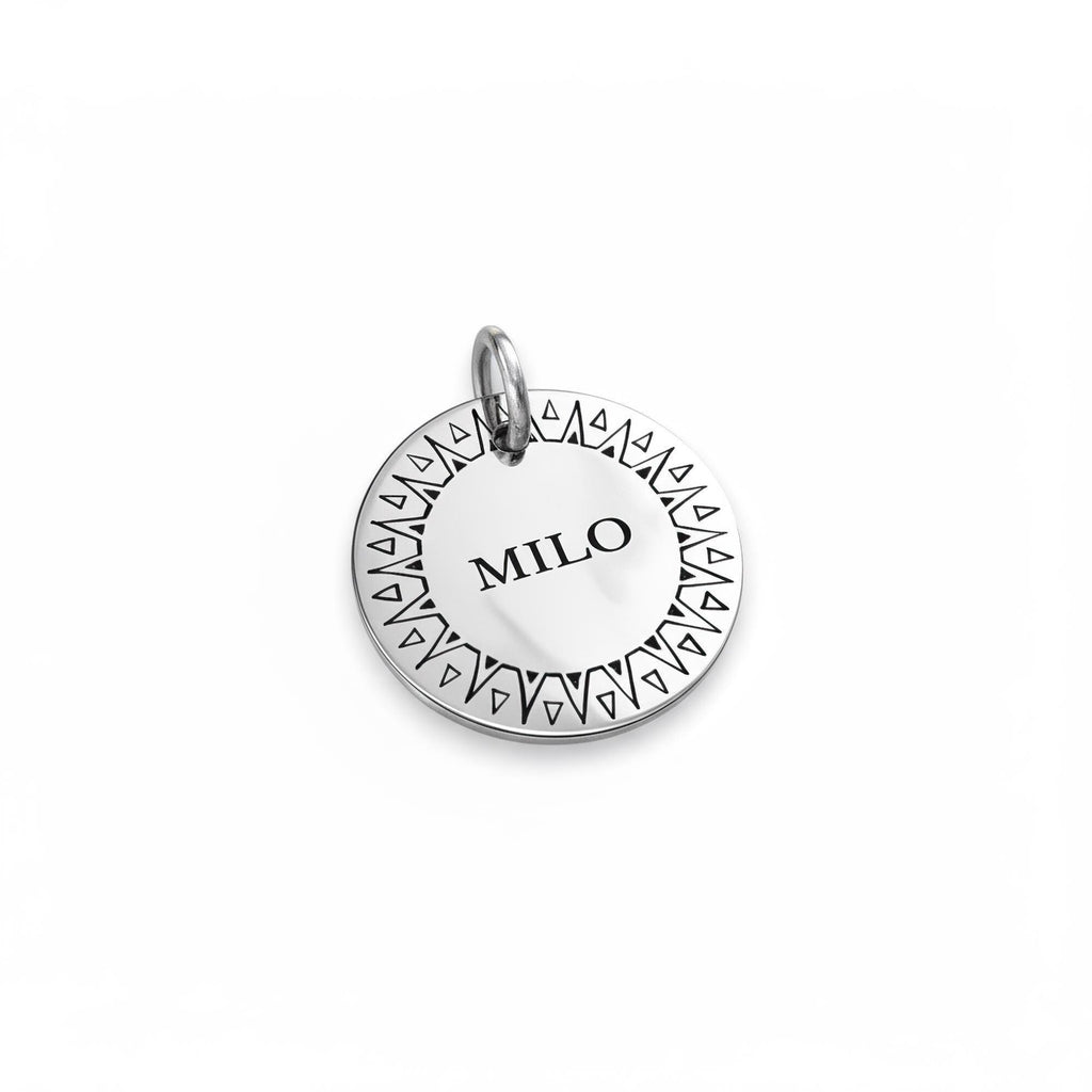 Silver Sun Dog Tag | Custom Geometric Pet ID Collar Charm, close-up detail