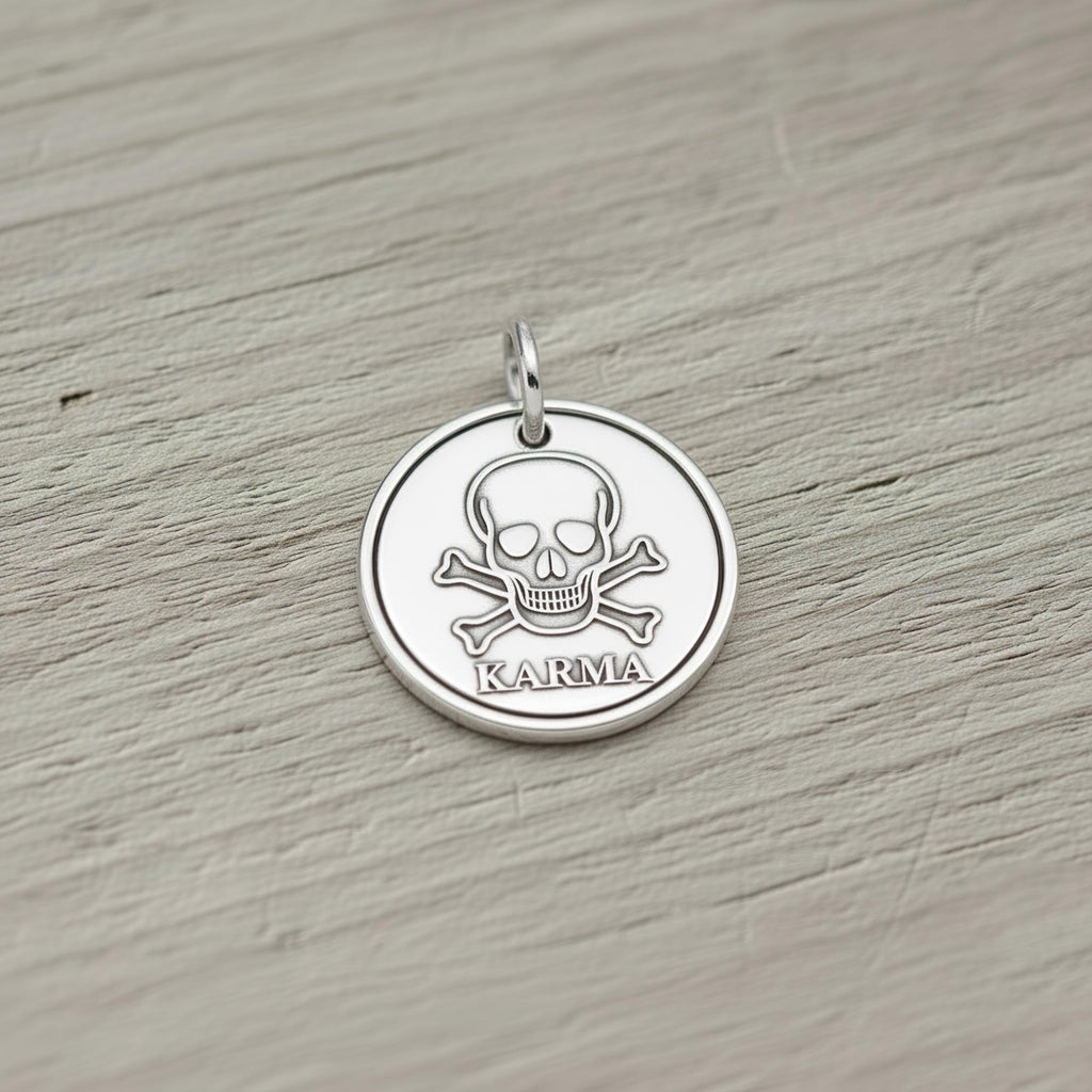 Skull Dog Tag for Dogs | Custom Sterling Silver Engraved Pet Tag | Rocker Dog ID Tag, styled view