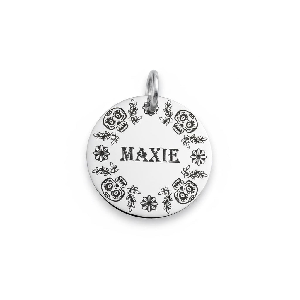 Sugar Skull Dog Tag | Custom Engraved Floral Pet ID, close-up detail